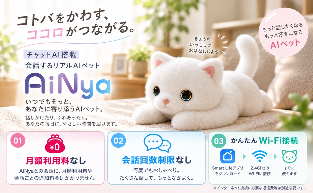 チャットAI搭載 会話する、リアルAIペットロボット「AiNya Xiro
